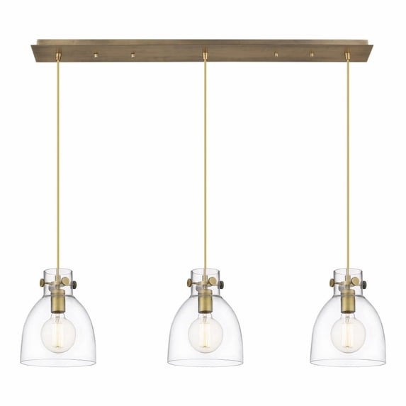 Innovations Lighting Newton Bell - 3 Light 8" Cord Hung Linear Pendant Clear/Brushed Brass