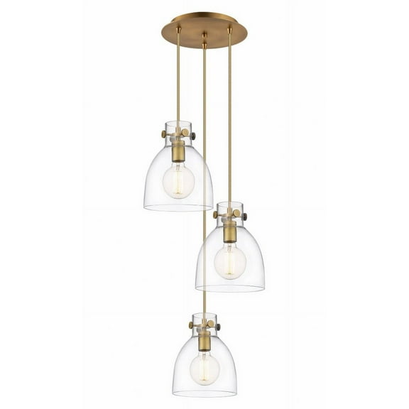 Innovations Lighting  Newton Bell - 3 Light 8" Cord Hung Multi Pendant - 10" Canopy Clear/Brushed Brass