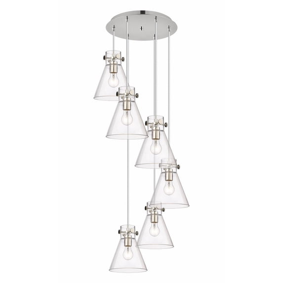 Innovations Lighting Newton Cone - 6 Light 8" Cord Hung Multi Pendant - 14" Canopy Clear/Polished Nickel
