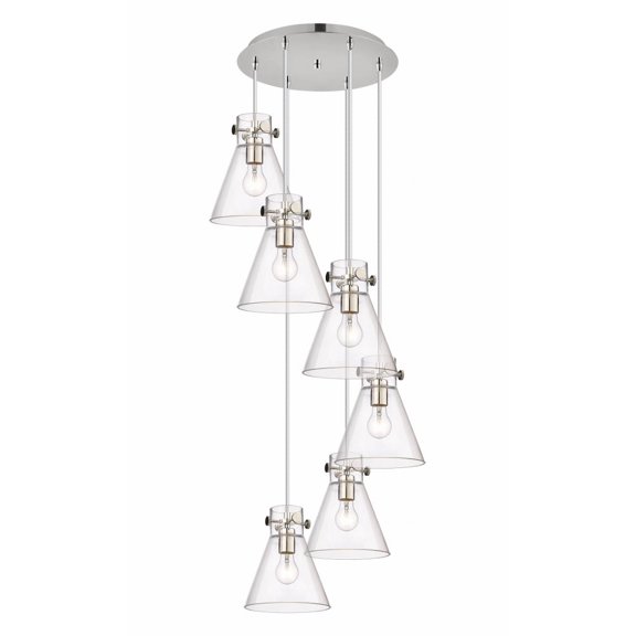 Innovations Lighting Newton Cone - 6 Light 8" Cord Hung Multi Pendant - 14" Canopy Clear/Polished Nickel