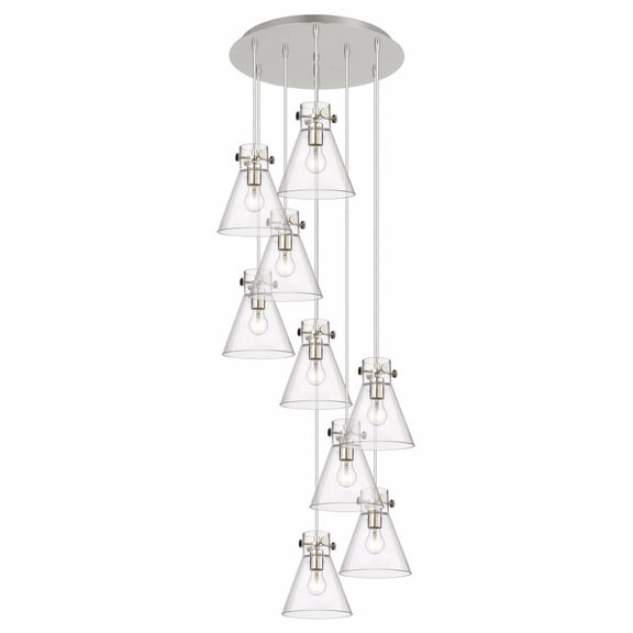 Innovations Lighting Newton Cone - 9 Light 8" Cord Hung Multi Pendant - 18" Canopy. Clear/Polished Nickel