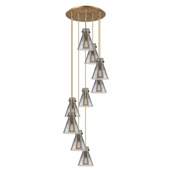 Innovations Lighting Newton Cone - 9 Light 8" Cord Hung Multi Pendant - 18" Canopy. Brushed Brass/Light Smoke