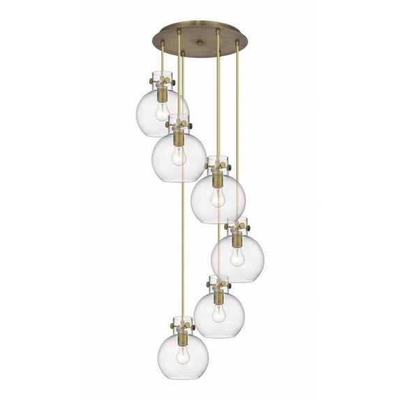 Innovations Lighting Newton Sphere - 6 Light 8" Cord Hung Multi Pendant - 14" Canopy Clear/Brushed Brass