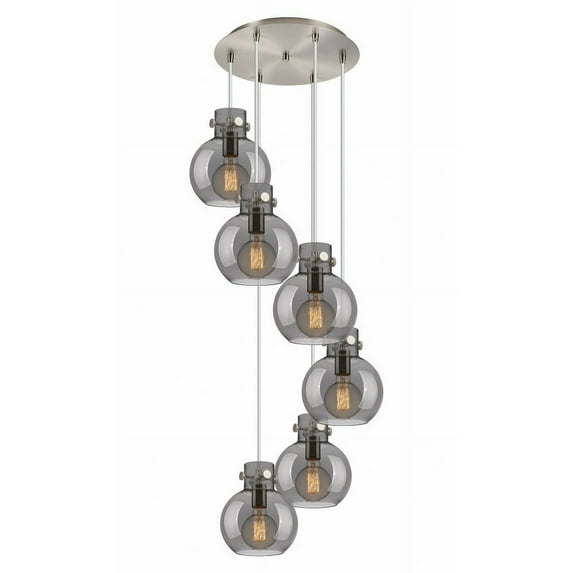 Innovations Lighting Newton Sphere - 6 Light 8" Cord Hung Multi Pendant - 14" Canopy Brushed Satin Nickel/Light Smoke