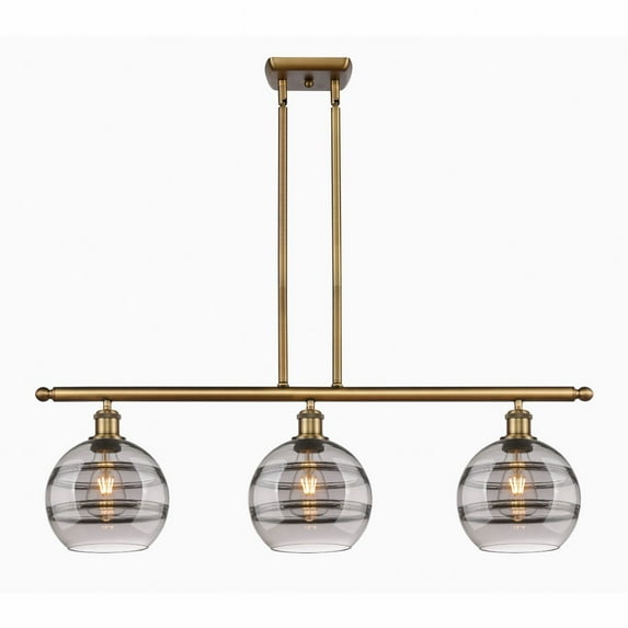 516-3I-BB-G556-8SM Innovations Lighting Rochester - 3 Light Stem Hung Island In Industrial Style-10.38 Inches Tall and 36 Inches Wide-Brushed Brass