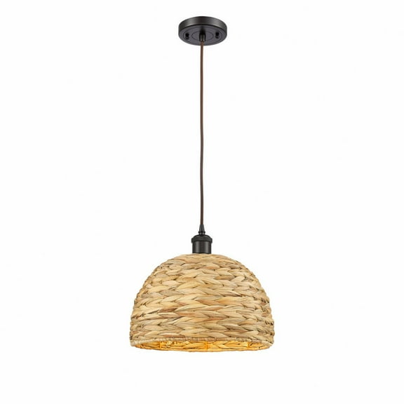 Innovations Lighting  Woven Rattan - 1 Light 12" Cord Hung Pendant Oiled Brass/Natural Rattan