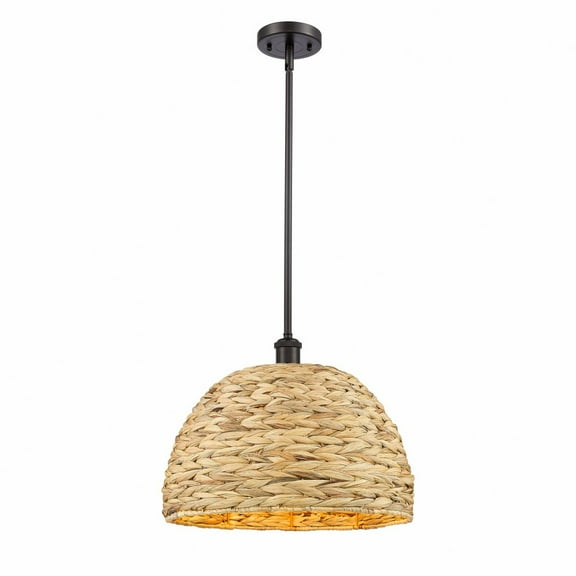 Innovations Lighting Woven Rattan - 1 Light 16" Stem Hung Pendant Natural Rattan/Oiled Brass
