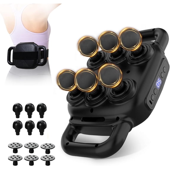 Innovative 6-Head Handheld Percussion Massager, High-Performance Multi-Node Body Relaxation Device with 5 Adjustable Speeds, Professional Cordless Wellness Tool for Home and Office, Black & Gold