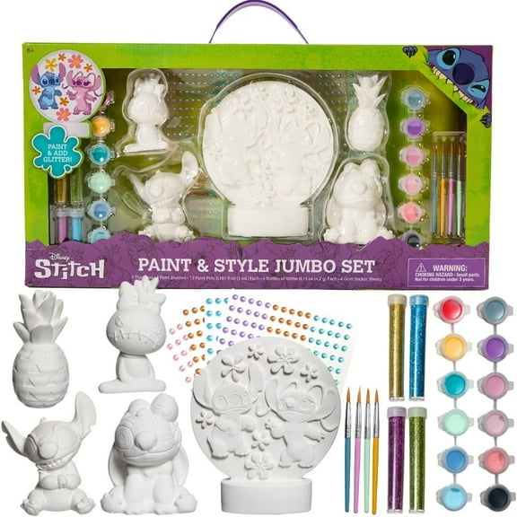 Innovative Designs Disney Stitch DIY Paint Your Own Figurines Arts and Crafts Set for Kids, Jumbo Figurines, Paint, Paint Brush, Glitter, and Gem Adhesives
