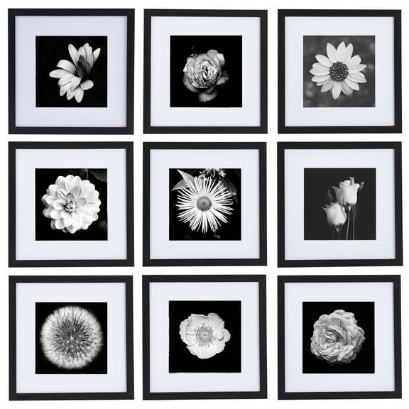 Innovative Haus 12x12 Picture Frame Set of 9 in Black. Display Pictures 8x8 Photo with Mat or 12x12 Pictures without Mat. Home Decorative for Wall Gallery Hanging. Classic Gallery Square Photo Frame.