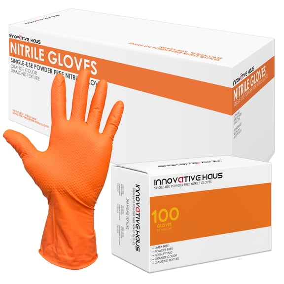 Innovative Haus 8 Mil Orange Disposable Nitrile Gloves. Raised Diamond Textured Heavy Duty Industrial Nitrile Gloves. Mechanic Gloves. Detailing Gloves. Powder Free. Latex Free. Box of 1000. Large