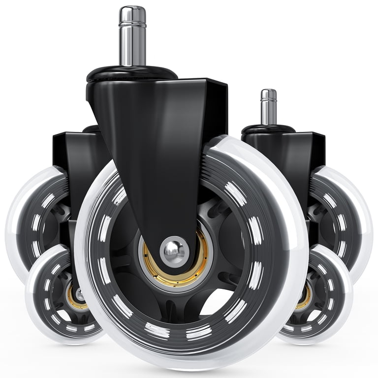 Set Of 5 Heavy-Duty Office Chair Caster Wheels - Universal 7/16" Stem, 3" Rubber Wheels For Hardwood & Carpet, Smooth & Quiet Rolling Replacement