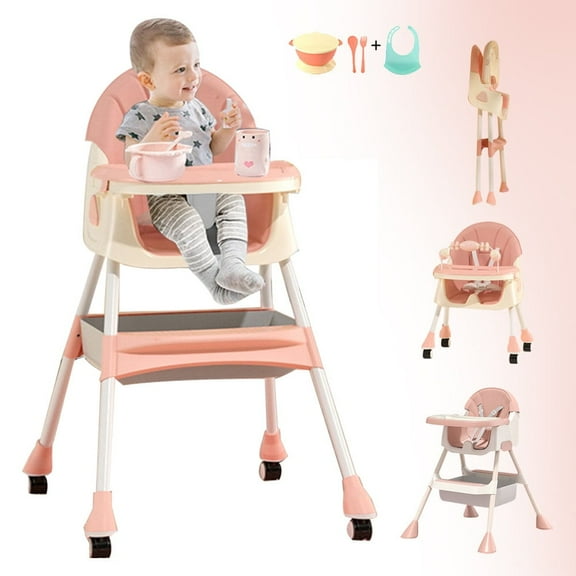Magic 4-in-1 Infant High Chair, Child Feeding Chair, Telescopic Removable Tray, Removable Universal Wheels, Toy Shelf, Pink