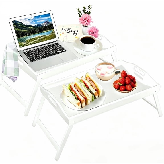 Innovative Life 2-Pack Bamboo Bed Tray Table with Folding Legs, Breakfast Trays, Serving Trayfor Work, Food and Snack Tray for Bed and Sofa,White