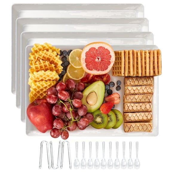 Innovative Life 4PCS White Serving Platters, Perfect for Parties and Picnics, Reusable Food Trays, Includes 3 Tongs and 10 Forks