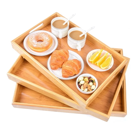 Innovative Life Bamboo Tray Set with Handles ,3pcs, Perfect for Breakfast, Coffee and Snacks, Ideal for Use in The Living Room and Kitchen