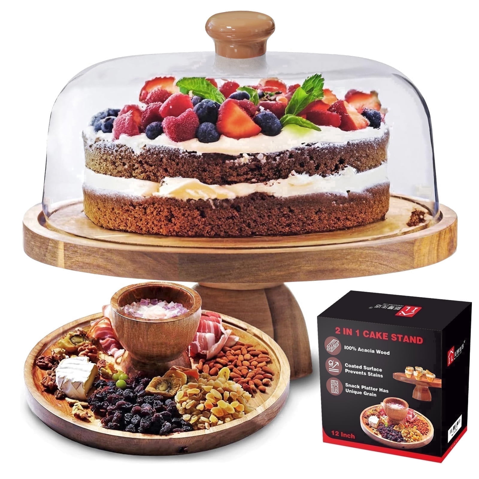 Innovative Life Cake Stand with Dome Lid, Acacia Wood Cake Plate with ...