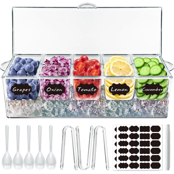 Innovative Life Chilled Condiment Server, Clear Garnish Tray with Lid for Bar for Parties with 5 Removable Compartments, Ice Serving Bowl, Serving Containers for Fruit, Caddy, Snack, Sauce