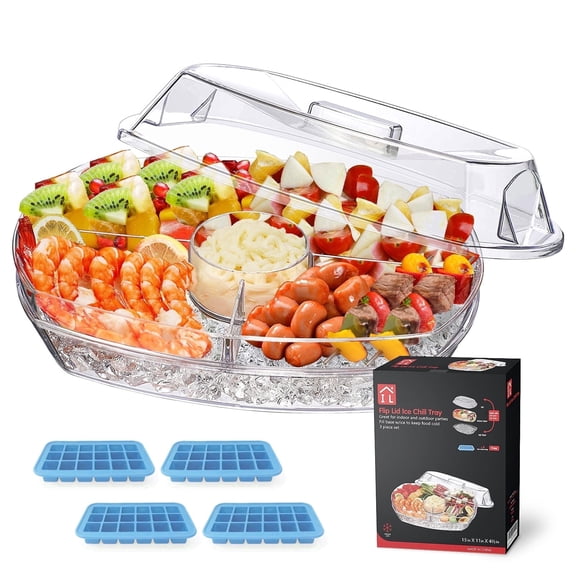 Innovative Life Chilled Serving Platter with 4 Ice Cube Trays, Portable Cold Food Storage Container, Ideal for Fruit, Vegetables, and Seafood