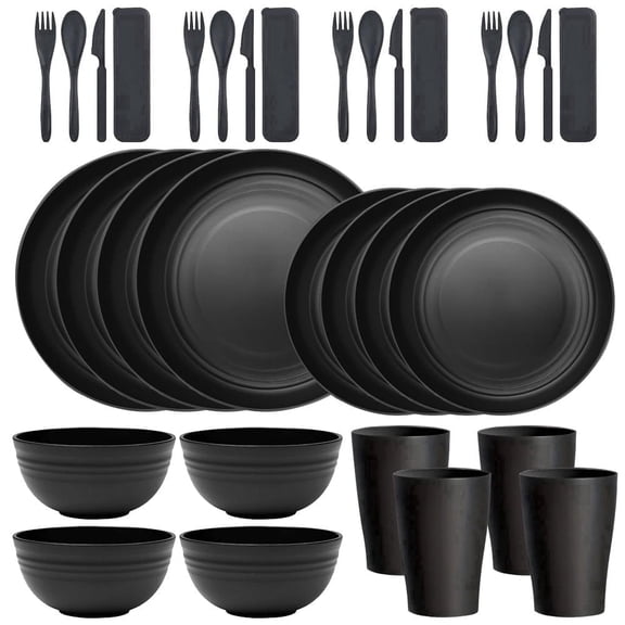 Innovative Life Wheat Straw Tableware Set, 4-Person Set, Microwave-Safe and Dishwasher-Safe, Shatter-Resistant,Black