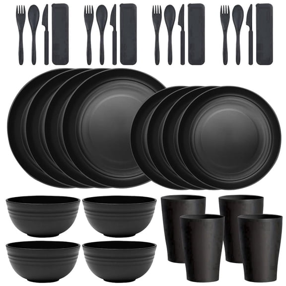 Innovative Life Wheat Straw Tableware Set, 4-Person Set, Microwave-Safe and Dishwasher-Safe, Shatter-Resistant,Black