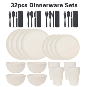 Innovative Life Wheat Straw Dinnerware Set, Service for 4, 32PCS Unbreakable Plastic Plates and Bowls Sets, Dishwasher Microwave Safe, White
