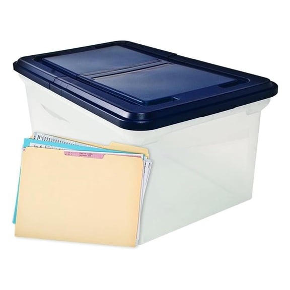 Innovative Storage Designs 55797 File Tote with Hinged Lid, Letter, Plastic, Clear/Navy