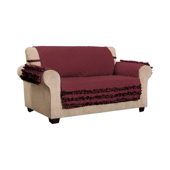 Innovative Textile Solutions 1-Piece Claremont Ruffled Loveseat Furniture Cover, Burgundy