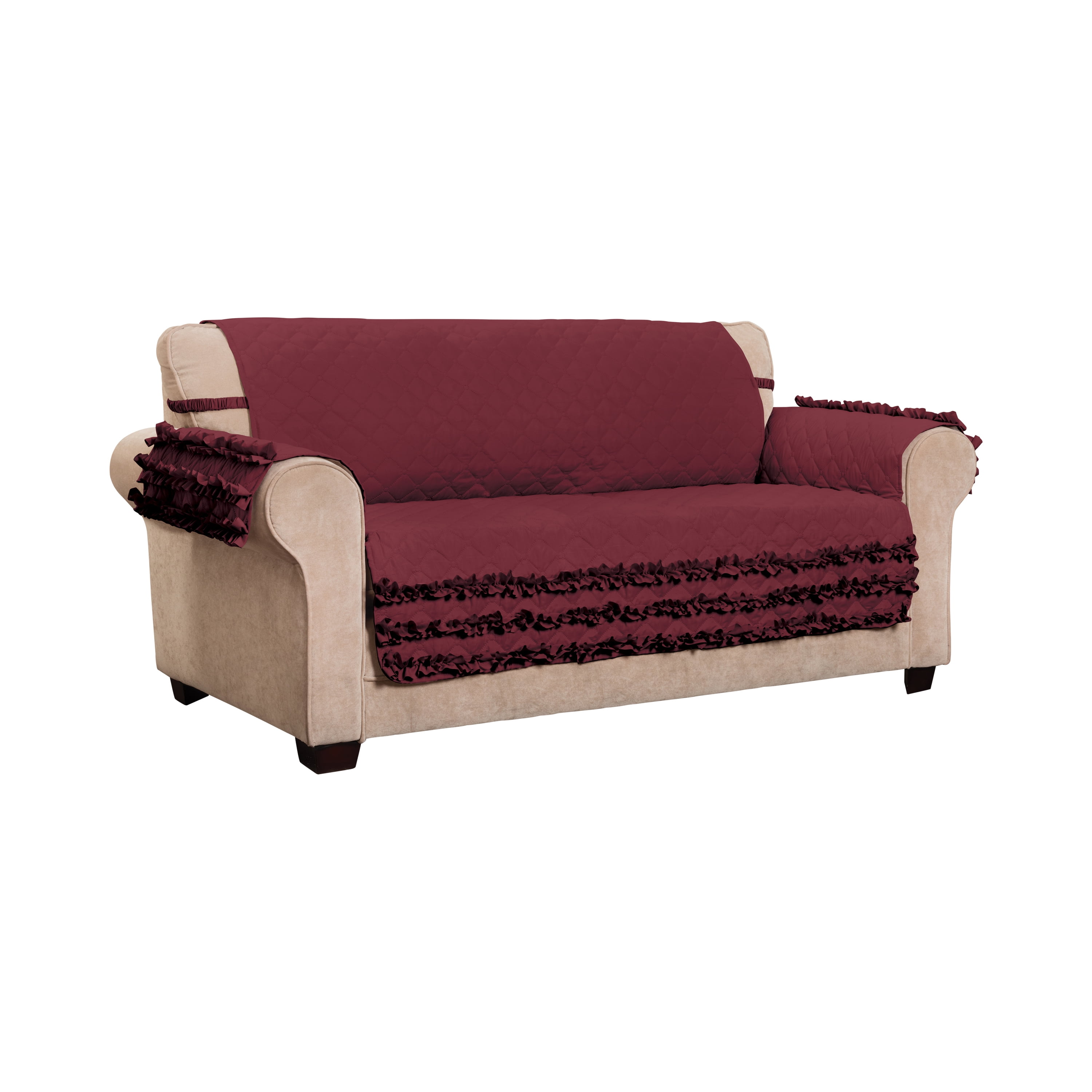 Innovative Textile Solutions 1-Piece Claremont Ruffled Sofa Furniture Cover, Burgundy