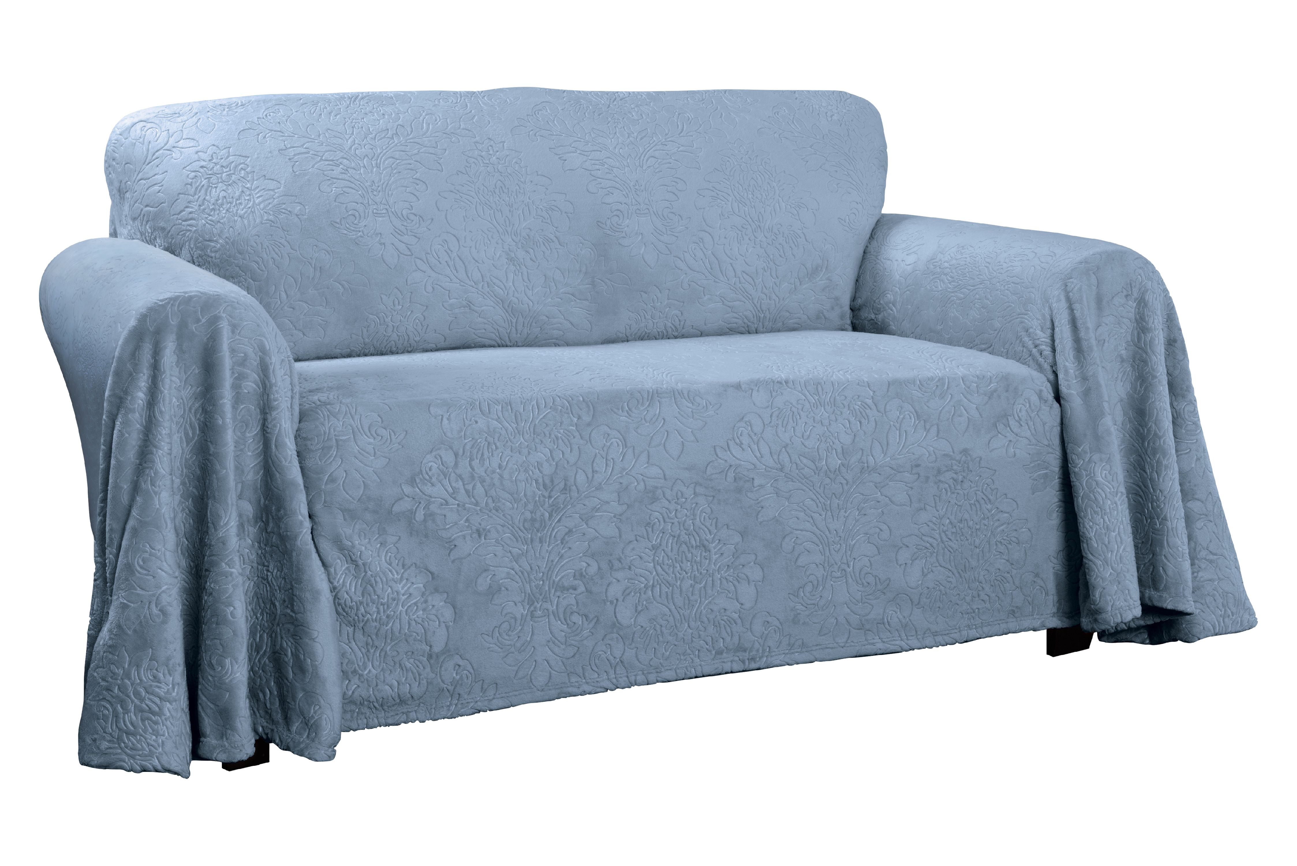 Innovative Textile Solutions 1-Piece Plush Damask Throw Loveseat Slipcover, Blue