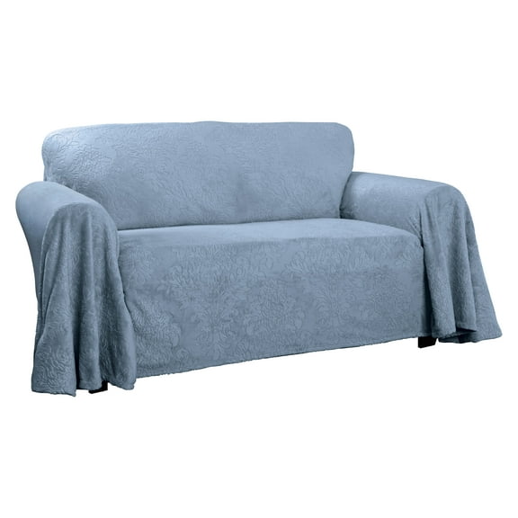Innovative Textile Solutions 1-Piece Plush Damask Throw Loveseat Slipcover, Blue