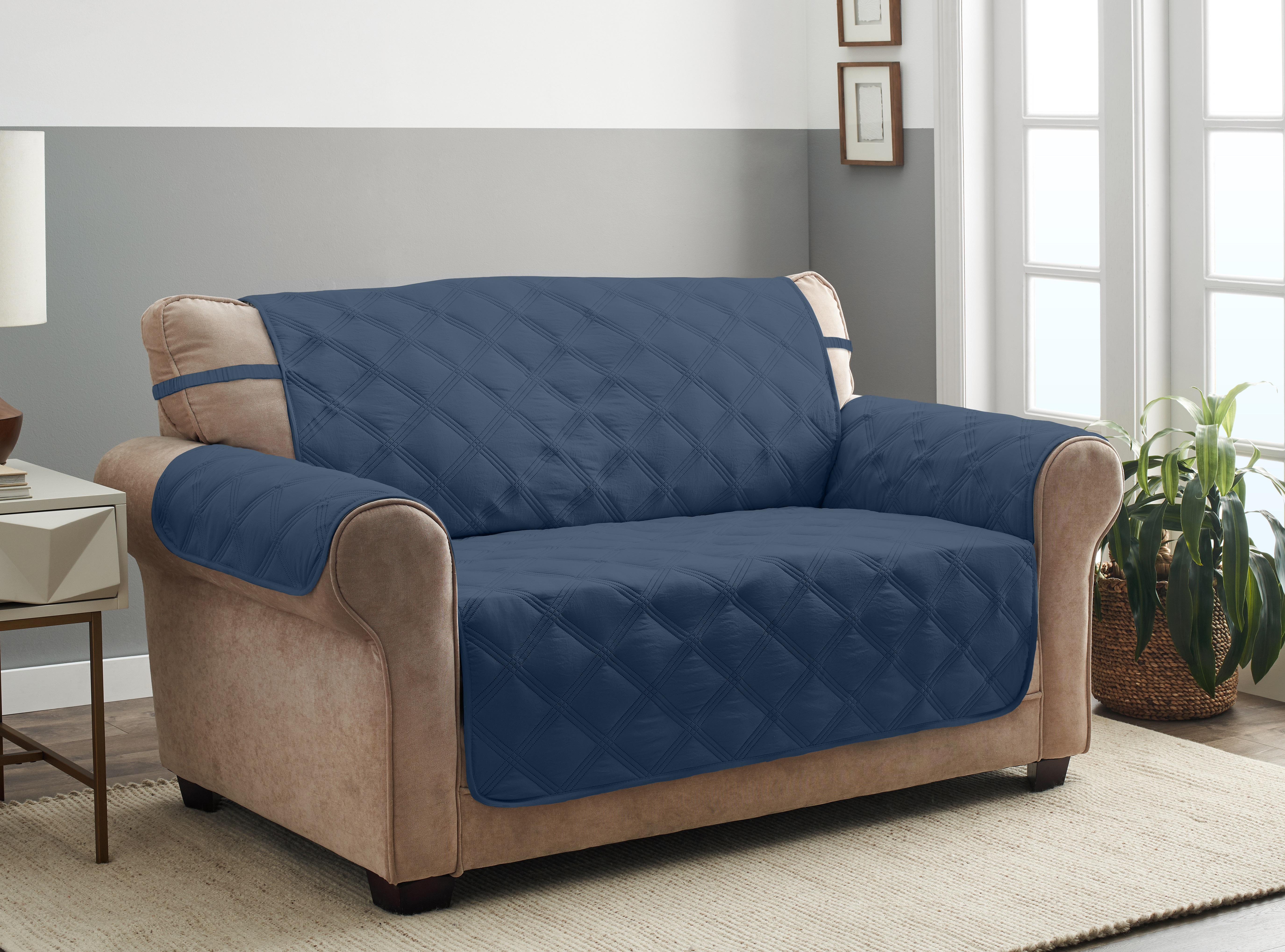 Innovative Textile Solutions 1-piece Hampton Diamond Secure Fit Loveseat Furniture Cover, Blue - image 1 of 7