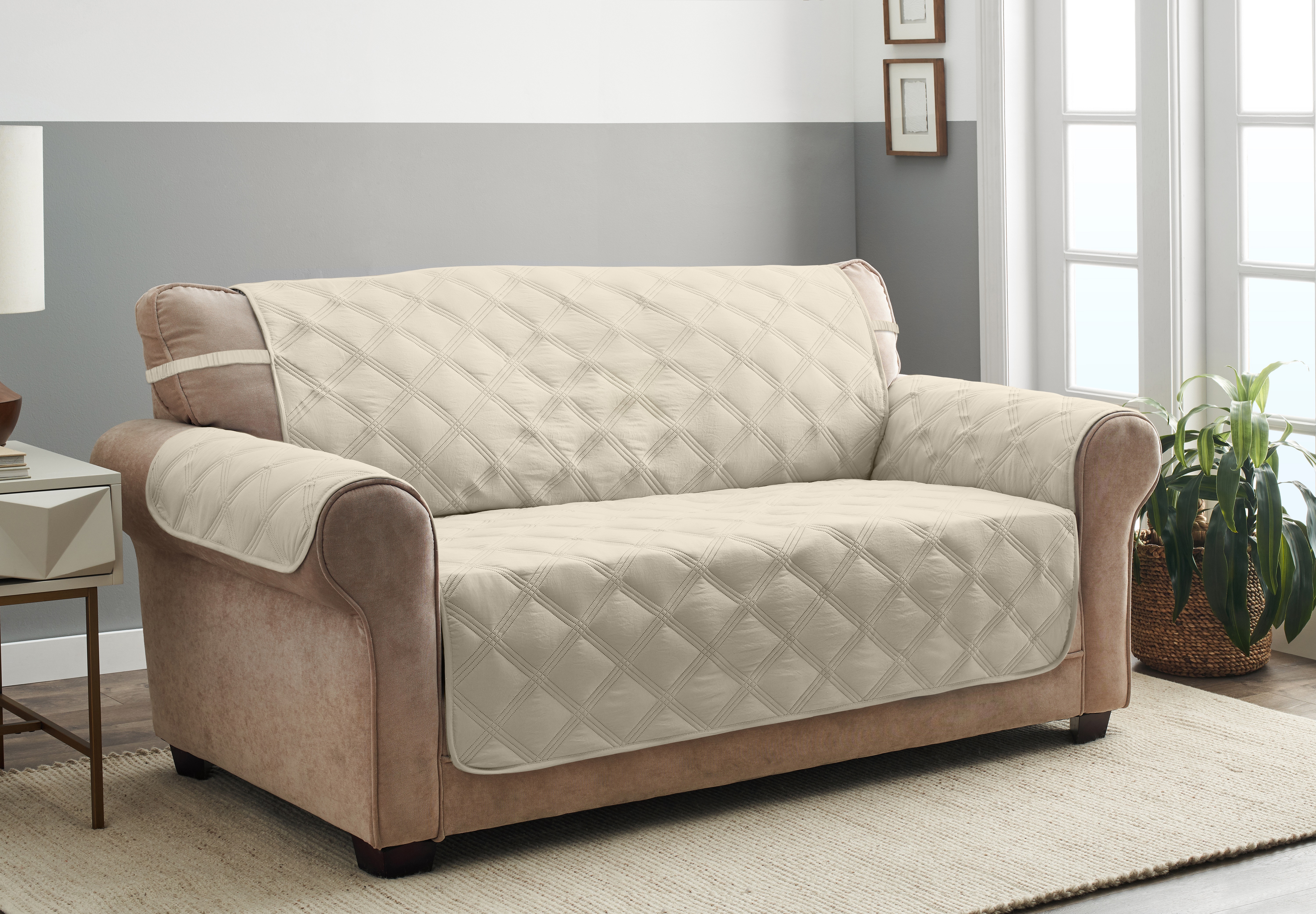 Innovative Textile Solutions 1-piece Hampton Diamond Secure Fit Sofa Furniture Cover, Sand - image 1 of 11