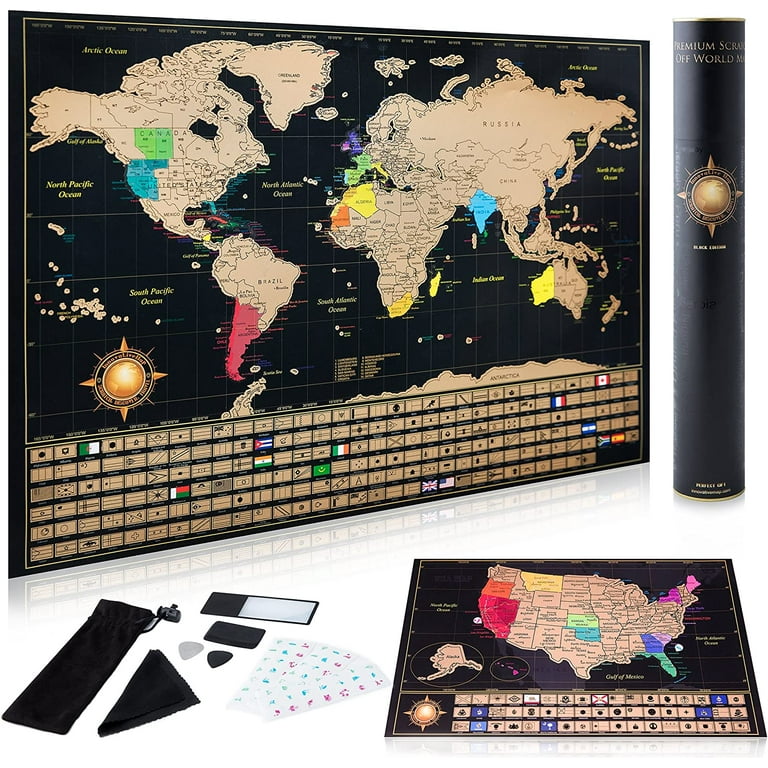InnovativeMap Scratch Off World Map Poster and Deluxe United States Map –  Includes Complete Accessories Set & All Country Flags – Premium Wall Art