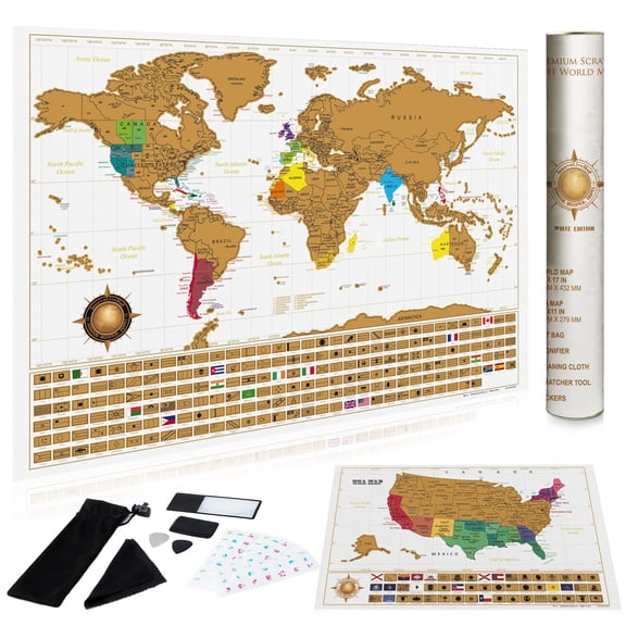 InnovativeMap Scratch Off World Map Poster and Deluxe United States Map - Includes Complete Accessories Set & All Country Flags - Premium Wall Art Gift for Travelers - Map of the World, White Map