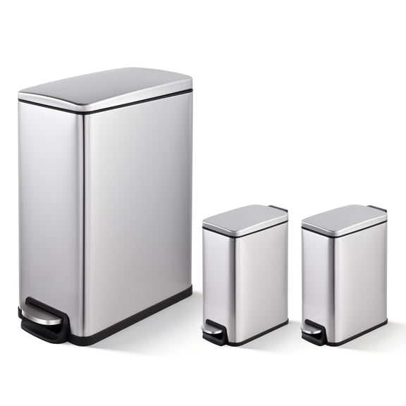 Innovaze 11.9 gal + Two 1.6 gal Slim Trash Can Combo, Stainless Steel Step Kitchen and Bathroom Garbage Can Set