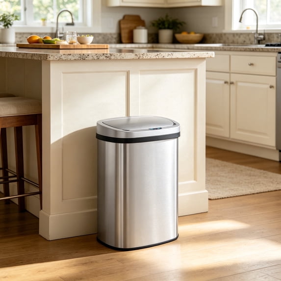 Innovaze 13 Gallon/ 50 Liter Motion Sensor Trash Can, Stainless Steel Oval Kitchen Garbage Can Durable Plastic Lid , Includes 45 Trash Bags, Silver