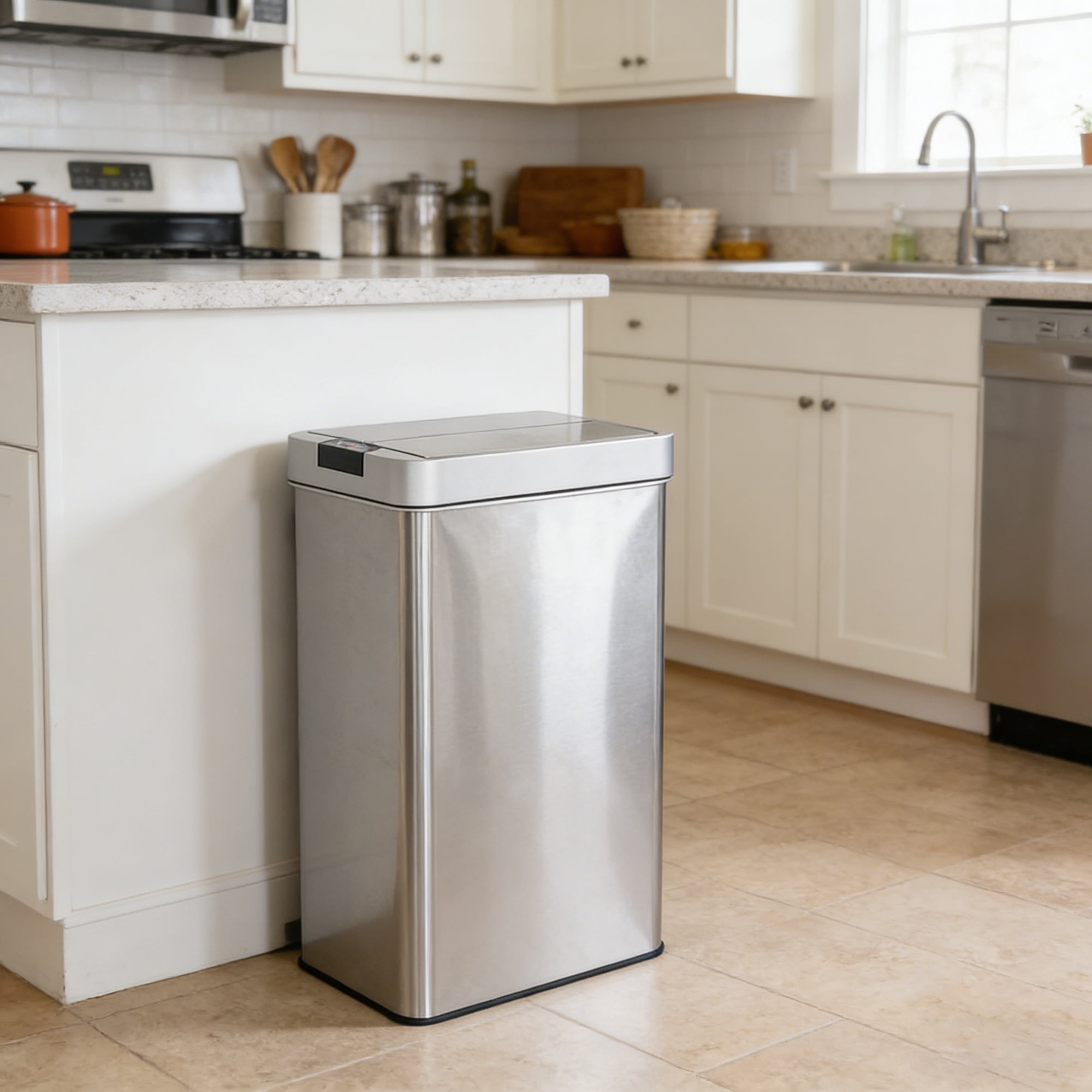 Innovaze 16 Gallon Stainless Steel Slim Motion Sensor Trash Can with Plastic Butterfly Lid, Silver