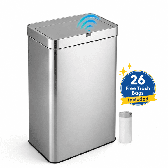 Innovaze 18 Gallon / 68 Liter Stainless Steel Rectangular Motion Sensor Trash Can for Kitchen, Includes 26 Trash Bags, Silver