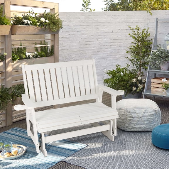 Innovaze Poly Lumber HIPS Patio Glider with Cup Holders, High Backrest and Deep Contoured Seat, All-Weather Resistant for Outdoor Porch Garden, Heavy Duty 900 LBS (2-seater, White)