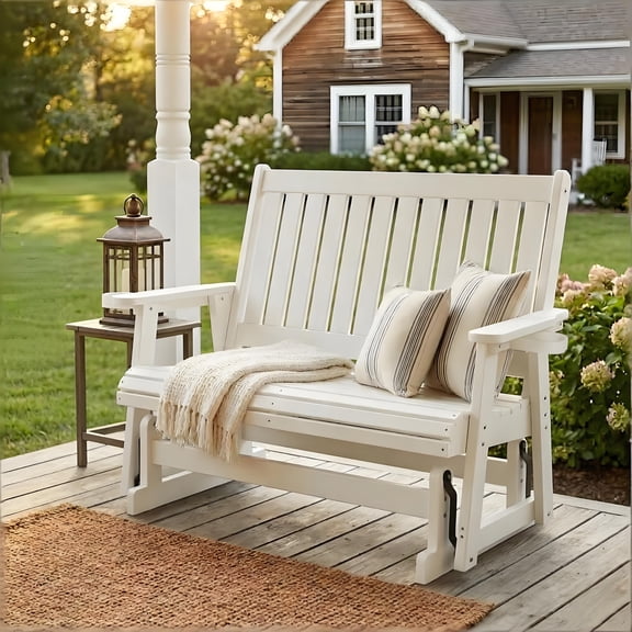 Innovaze Poly Lumber HIPS Patio Glider with Cup Holders, High Backrest and Deep Contoured Seat, All-Weather Resistant for Outdoor Porch Garden, Heavy Duty 900 LBS (2-seater, White)