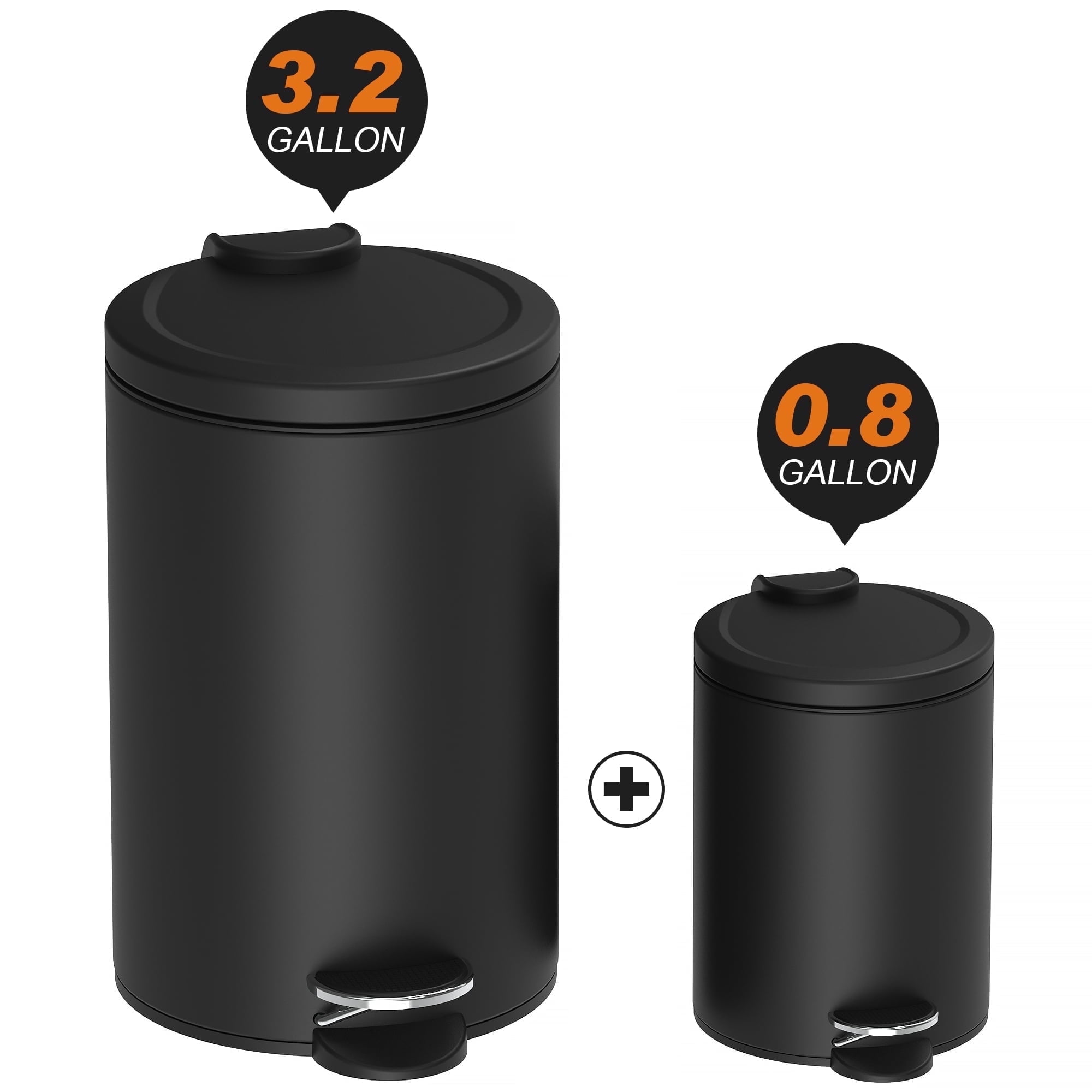 Innovaze 3.2 and 0.8 Gallon Trash Can Combo, Round Step On Office and Bathroom Trash Can, Black