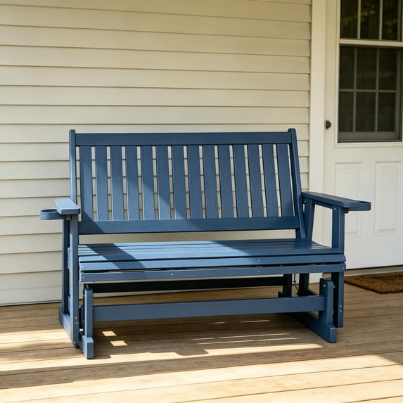Innovaze HIPS Patio Glider Bench with Cup Holders, All-Weather Resistant Porch Glider for OutdoorGarden (Navy Blue, 3-Person))