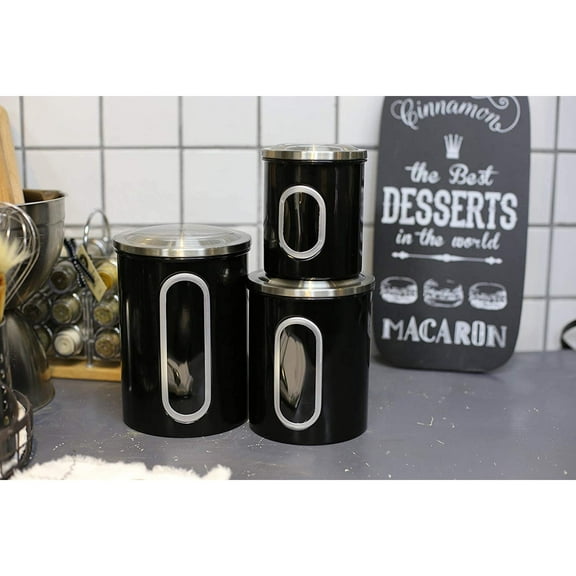 Innovaze 3-Piece Airtight Food Storage Canister Set with Window, Stainless Steel Lid, BPA-Free Seal, Coffee Sugar Tea Containers Black