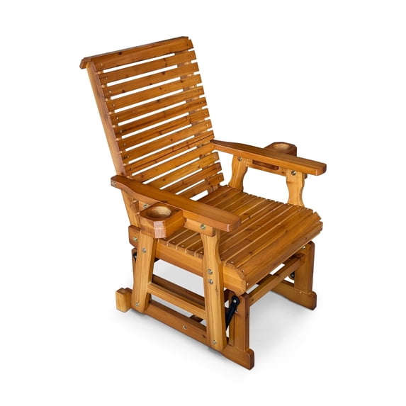 Innovaze Wooden Patio Glider for One Person with Cupholders, High Backrest and Deep Contoured Seat, Solid Fir Wood (Teak Tone)