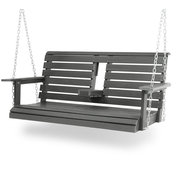 Innovaze 4.5 FT Poly Lumber Porch Swing for 2 Person, High Back & Deep Seat Comfort, Foldable Cup Holders, Stainless Steel Hardware, Gray