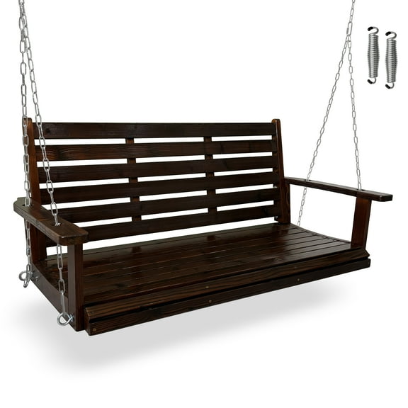 Innovaze 4.5 ft Wooden Porch Swing with Ergonomic Seat, Hanging Chains, and 7mm Springs, Heavy Duty 800 LBS, Deep Brown