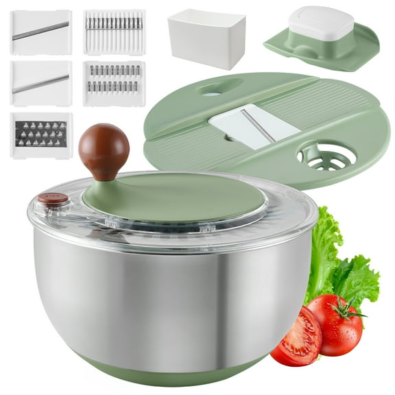 Innovaze 4.8 Quart Large Salad Spinner, Stainless Steel Bowl with Non-Slip Base, 5 Interchangeable Blades, Egg Yolk Separator & Safety Holder