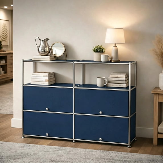 Innovaze 4-Tier Accent Cabinet with Door, Metal Storage Cabinet, Freestanding Organizer for Living Room, Entryway, Bedroom, Blue