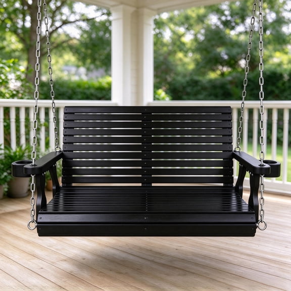 Innovaze 4 ft Wooden Porch Swing with Cup Holders, Heavy Duty 880 lbs , All-Weather Resistant for Outdoor Patio Garden, Black